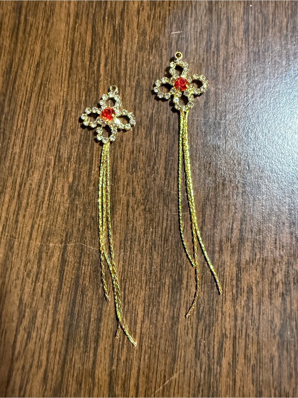 Gold Floral Drop Earrings with Red Crystal Center